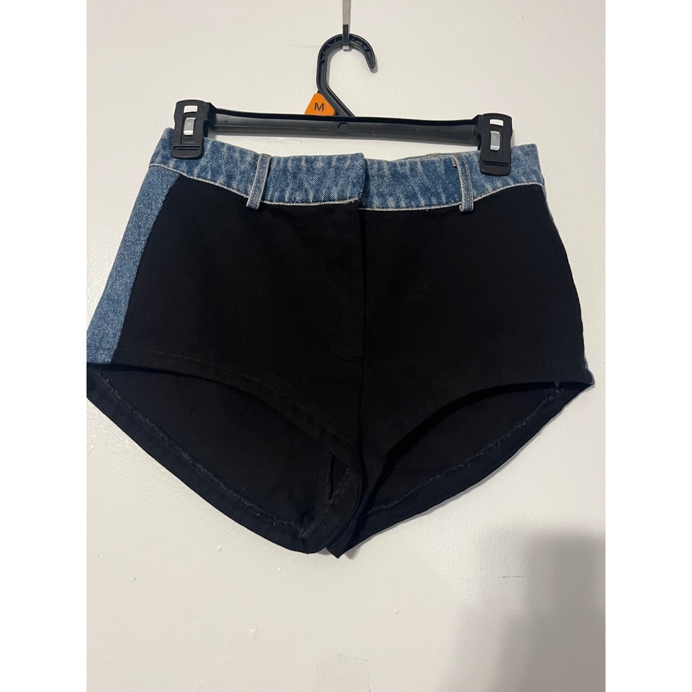 Olivaceous Womens High Waist‎ Colorblock Denim Micro Shorts Black Blue S